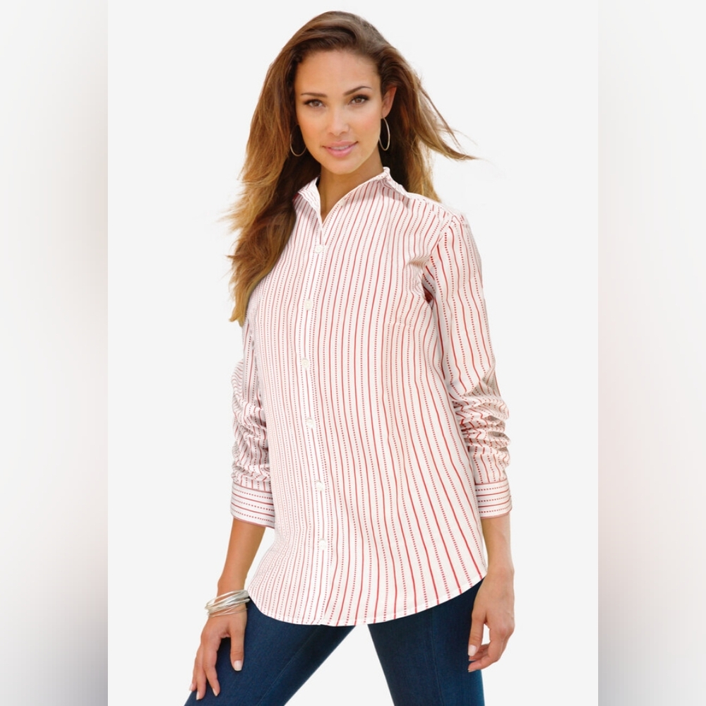 Roman's Women’s Plus Size Striped Button Up Long Sleeve Shirt Strawberry Red
